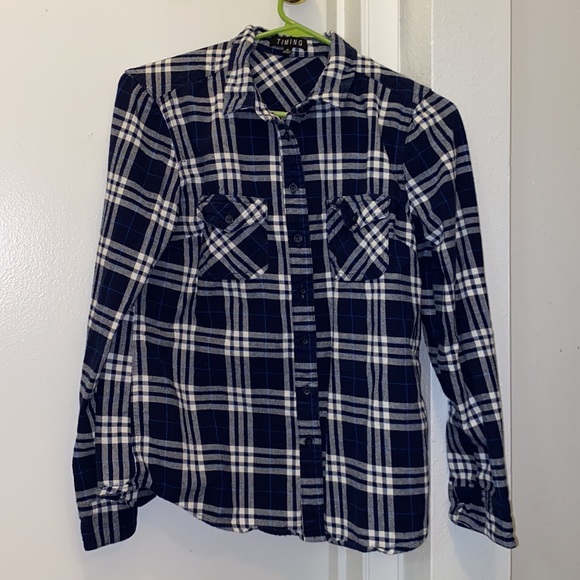 Navy Blue Plaid Long Sleeve TIMING Shirt Woman’s M - Picture 2 of 4